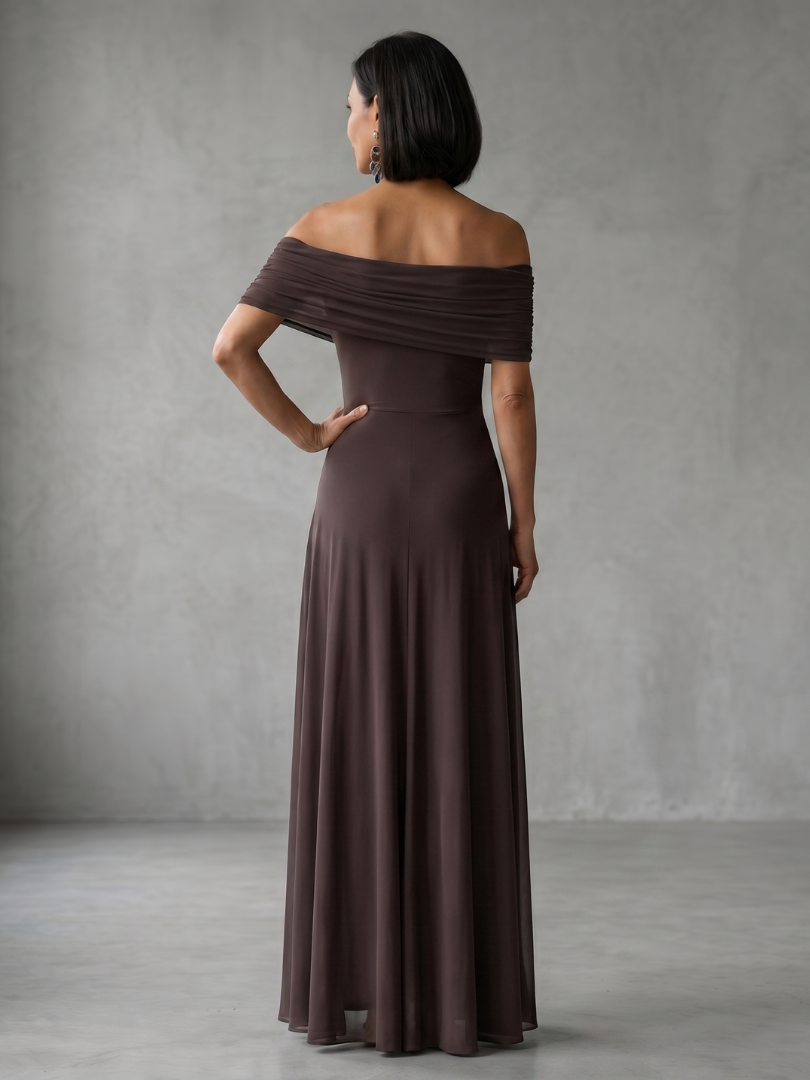 Women's elegant blue off-shoulder draped midi dress, perfect for evening fashion & special events.