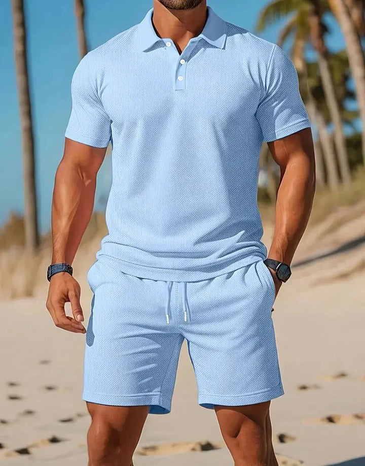 Effortless men's matching polo shirt and shorts set. Comfortable two-piece summer outfit for stylish casual looks.