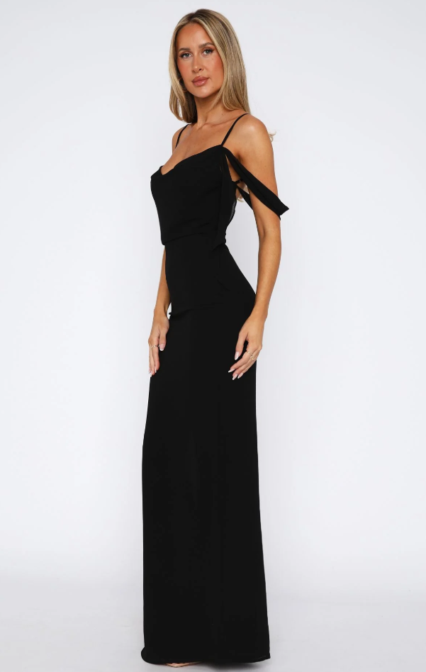 Stunning black maxi dress for women, ideal for parties & evening events. Features elegant cowl neck & adjustable fit.