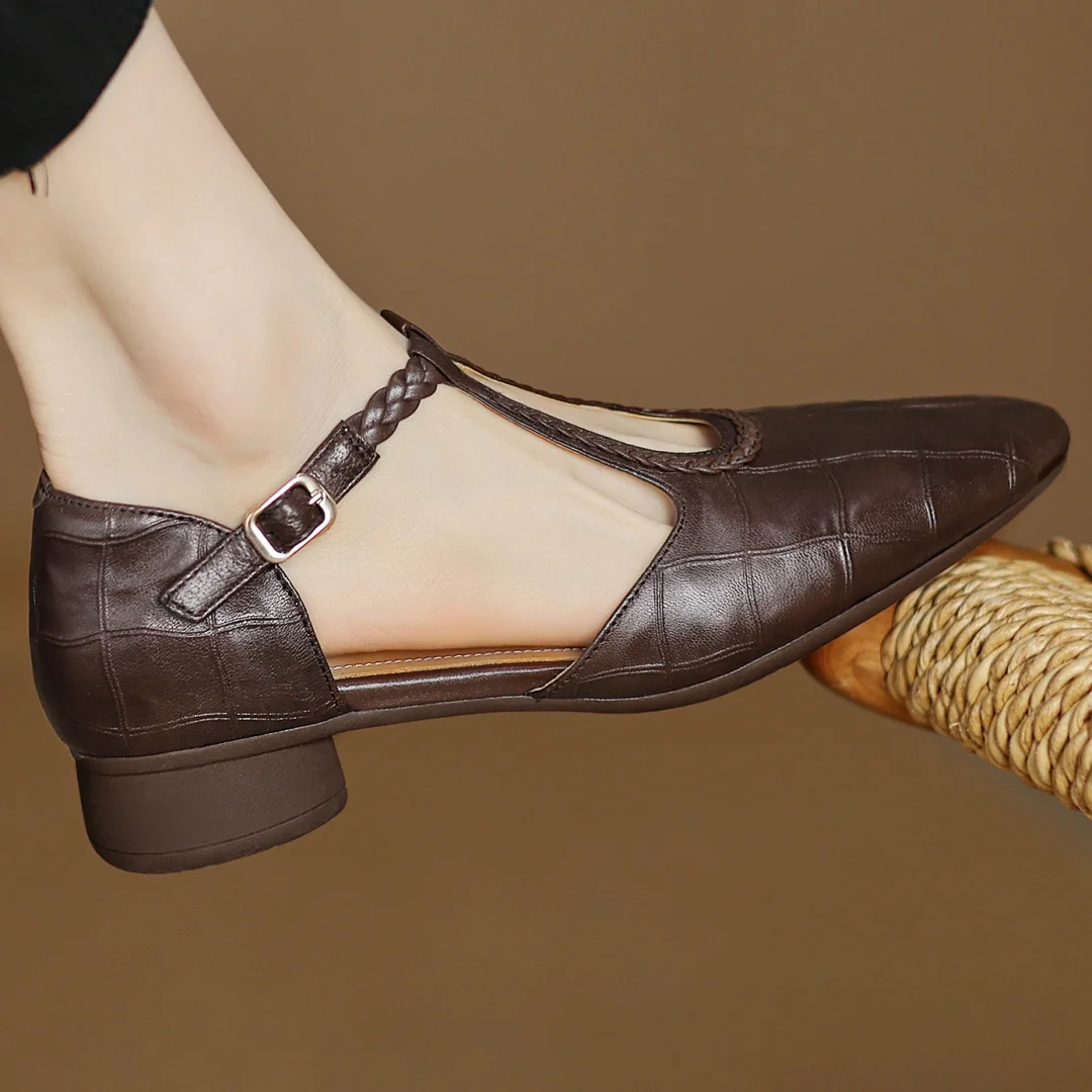 Vintage T-strap brown leather Mary Janes, women's comfortable low heel flats, perfect for everyday style.