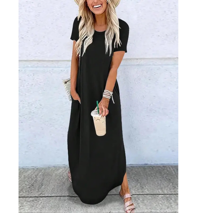 Stylish women's relaxed fit summer dress, a long flowy maxi with a classic round neck design.