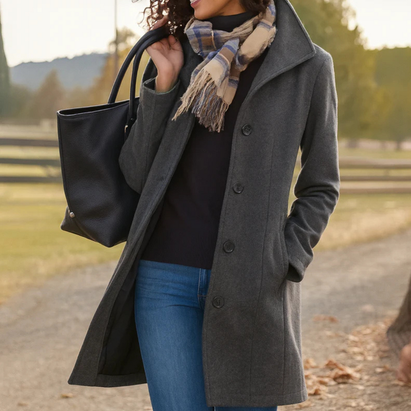 Timeless women's elegant classic coat, versatile outerwear for sophisticated fall jacket & winter fashion.