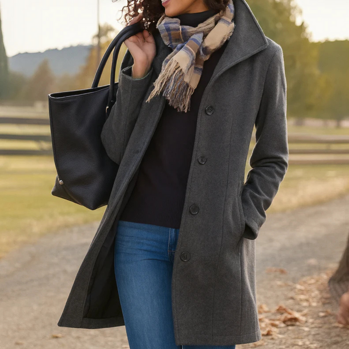 Timeless women's elegant classic coat, versatile outerwear for sophisticated fall jacket & winter fashion.