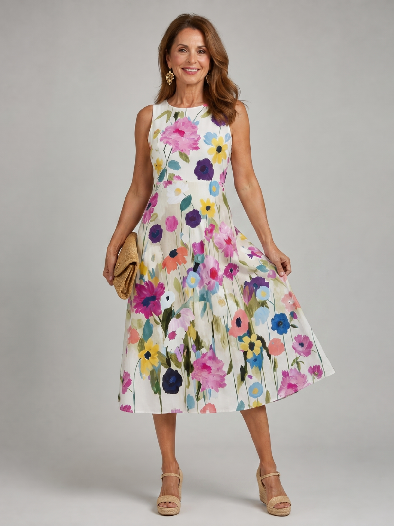 Vibrant floral sleeveless midi dress for women, showcasing a beautiful print. Great for summer fashion.