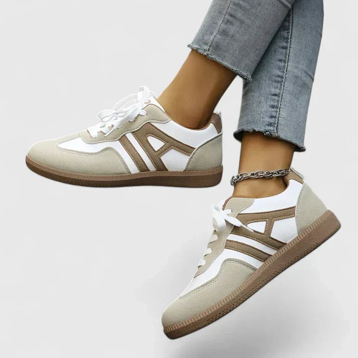 Supportive khaki white women's walking shoes, offering pain relief and casual all-day comfort.