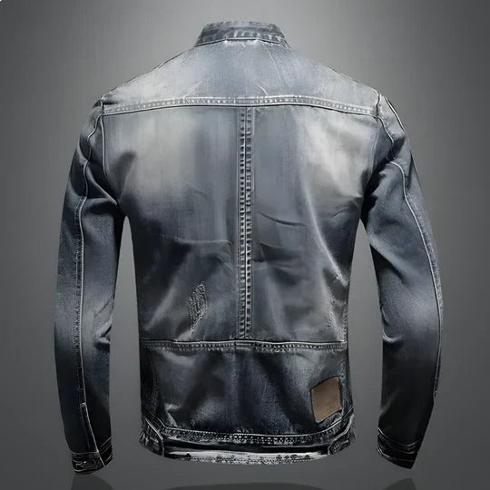 Timeless men's denim jacket with classic button-up design, essential retro outerwear for rugged casual clothing.