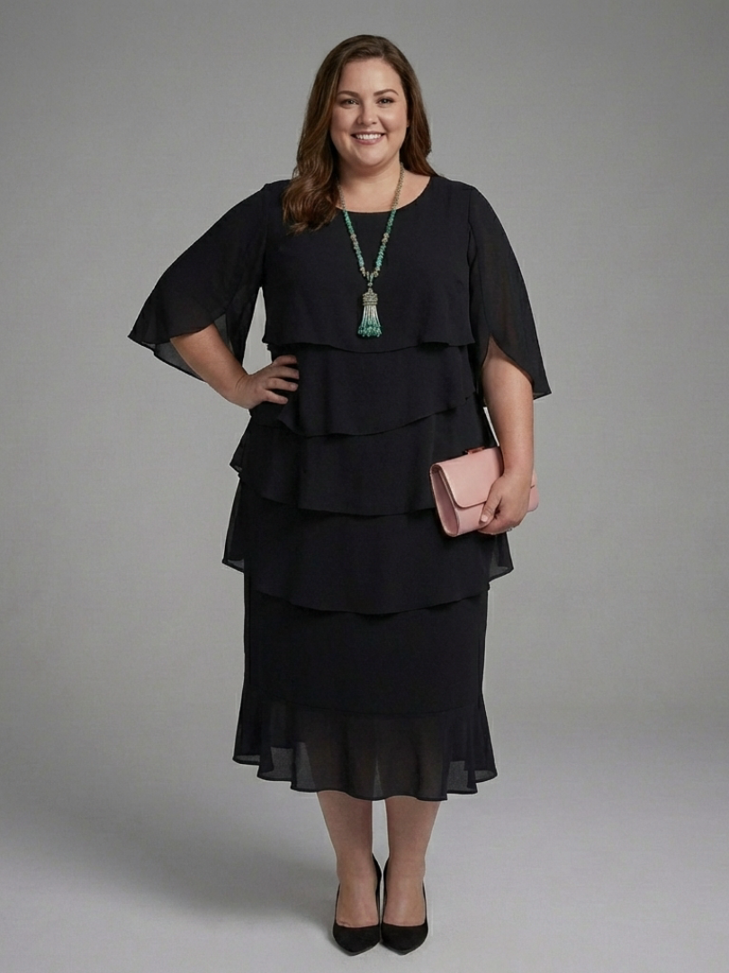Full view of women's Maelis black layered midi dress, showcasing its elegant cape sleeves & relaxed fit.