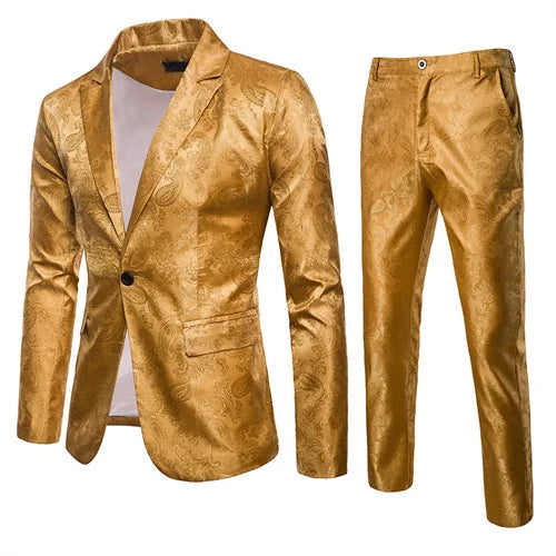 Luxury men's formal jacquard slim fit suit set, including blazer and trousers for sophisticated event attire.