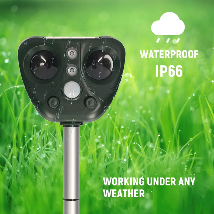 Compact solar bird repeller for outdoor use, easy install, wireless & weatherproof ultrasonic garden deterrent.