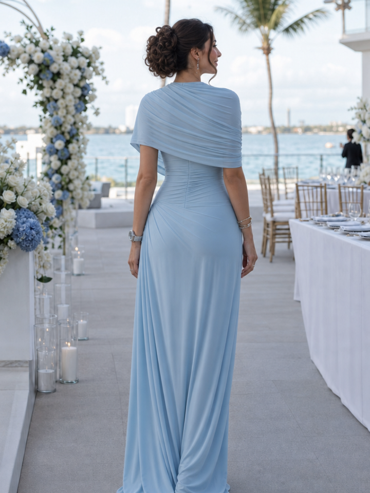 Comfortable and elegant women's one-shoulder maxi dress with beautiful draping and a pleated skirt.
