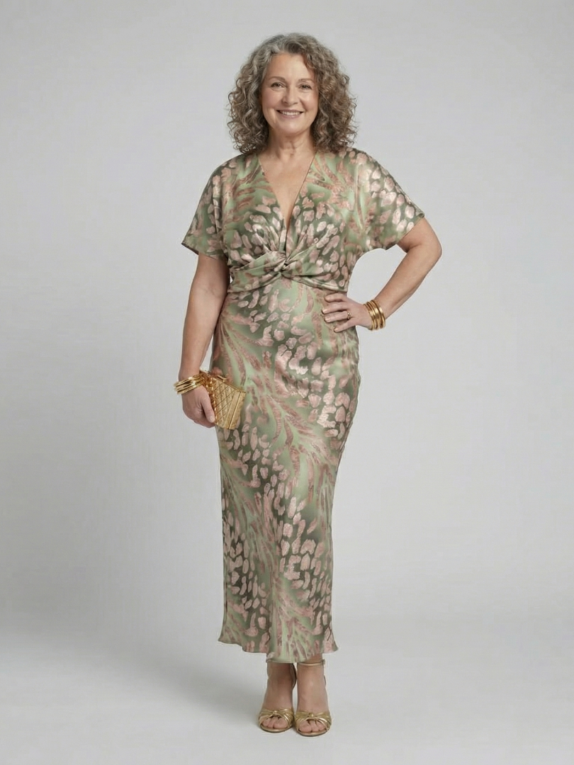 Full shot of a model wearing a women's elegant abstract print V-neck midi dress with a stylish twist waist.