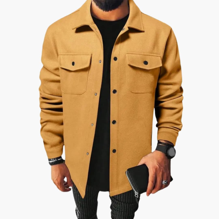 Casual men's button placket shirt jacket, designed for comfortable layering and everyday wear.
