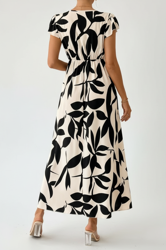 Close-up of elegant women's contrast print maxi dress, highlighting the unique pattern & flowing fabric. Flattering fit.