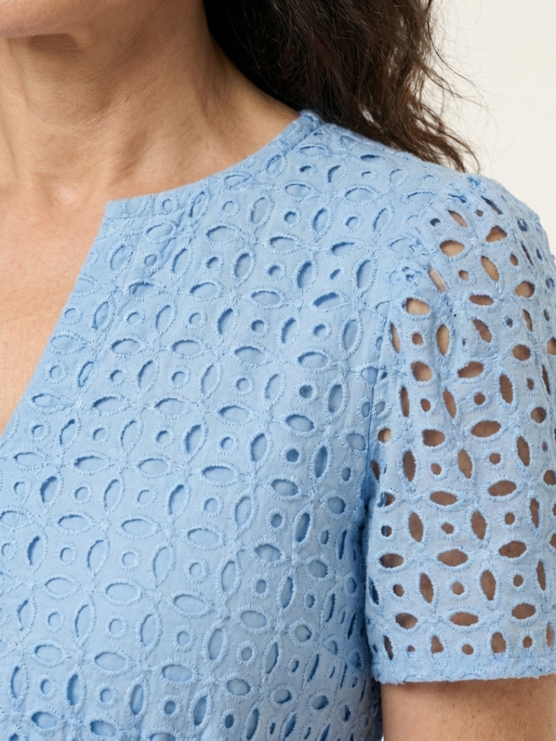Casual women's sky blue tiered midi dress with a V-neck and short sleeves, ideal for summer fashion.