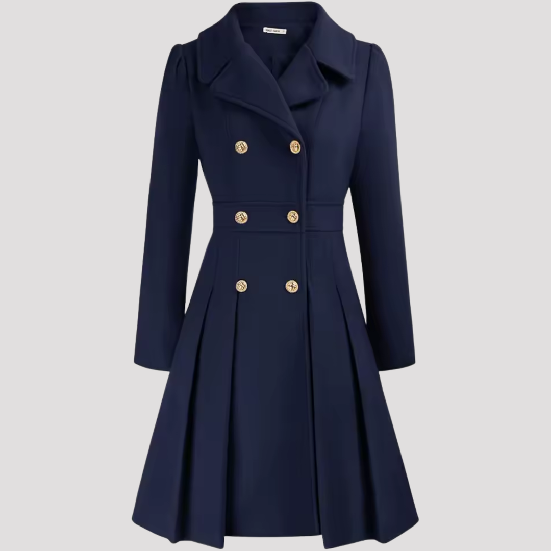 Chic women's tailored double-breasted coat dress, long sleeve, ideal for elegant party or formal wear.