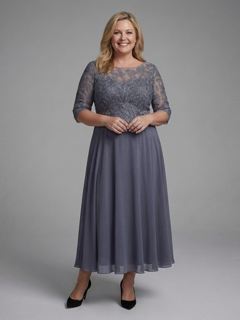 Sophisticated women's lace bodice midi dress with sheer sleeves. A chic choice for any elegant party.