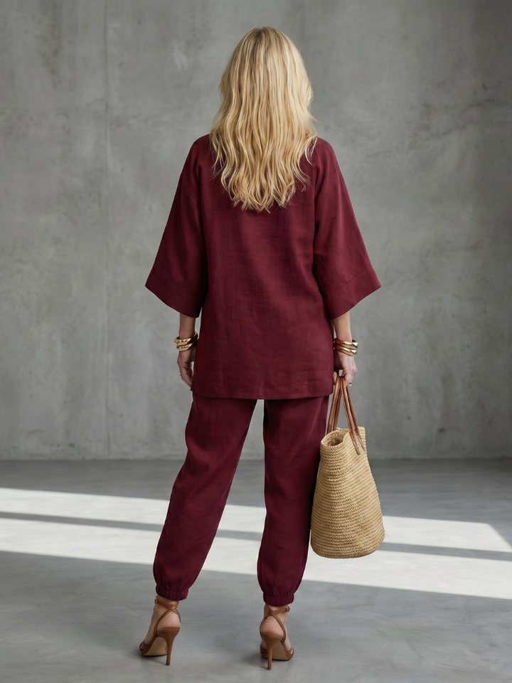 Comfortable women's relaxed fit V-neck tunic and gathered trouser set.