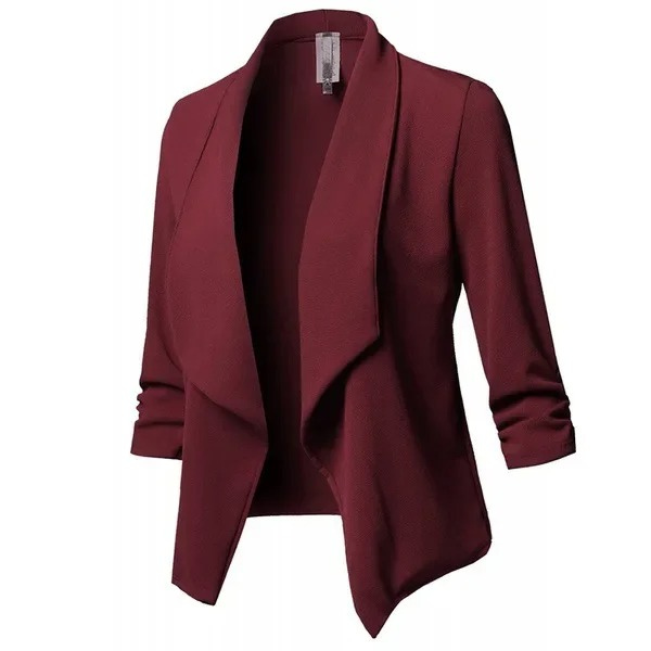 Modern women's elegant blazer. Open front, long sleeve, lightweight for chic all-season professional wear.