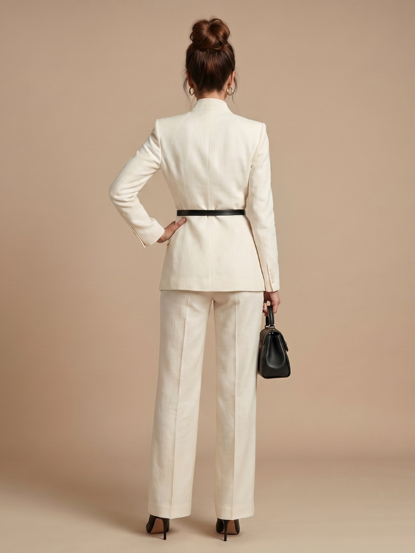 Stylish women's tailored suit set with a chic stand collar and fashionable flared trousers.