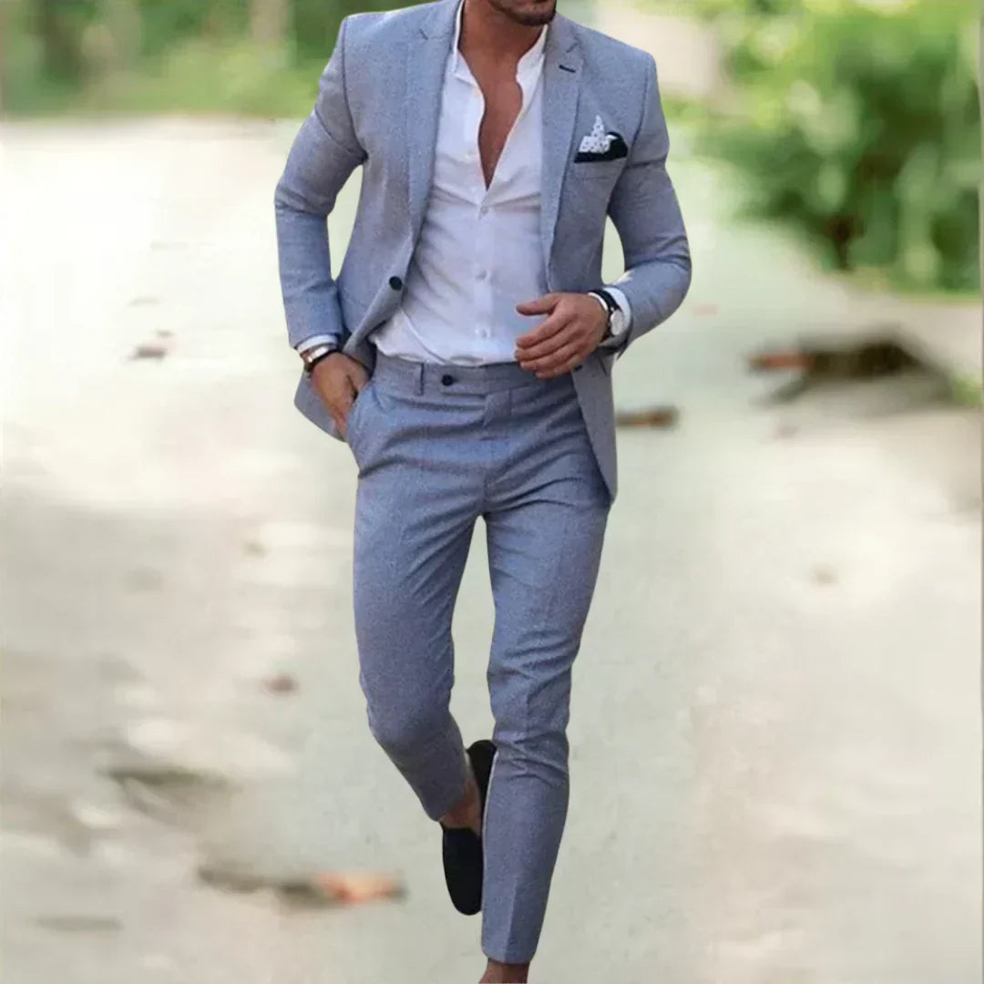 Woman in a sophisticated two-piece business suit set. Elegant blazer & pants for modern office fashion.