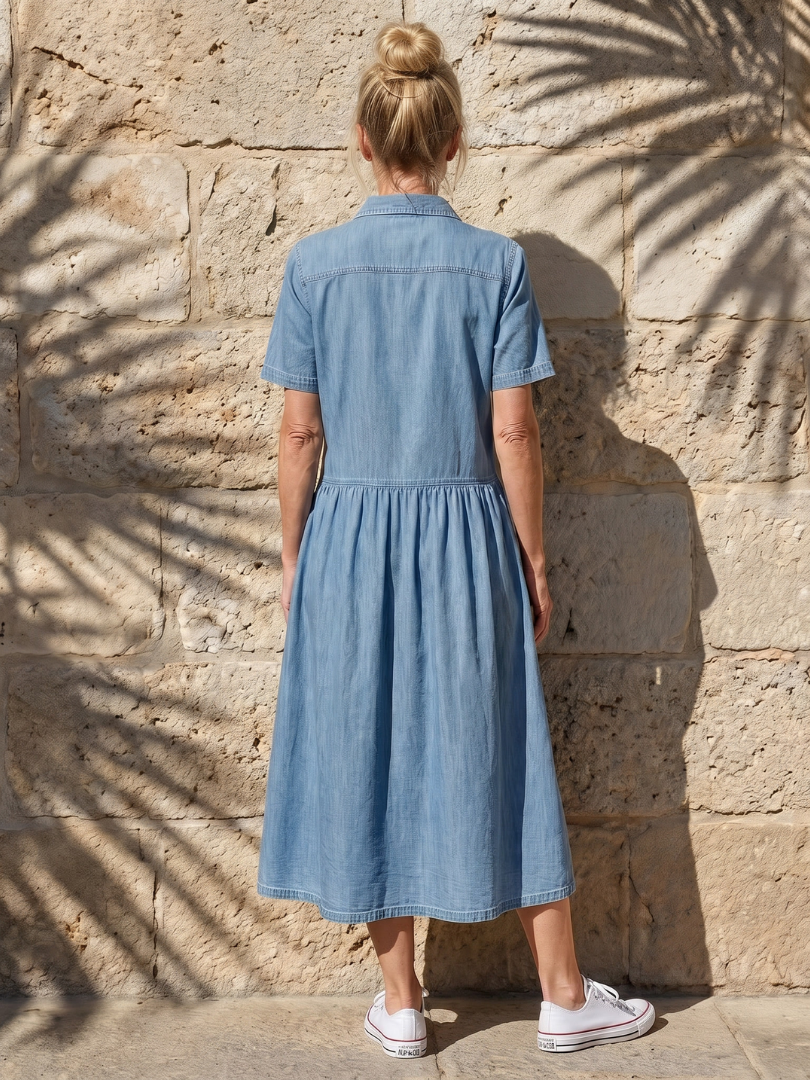 Versatile women's elegant blue midi dress, offering a gathered waist, collared neckline & short sleeves.