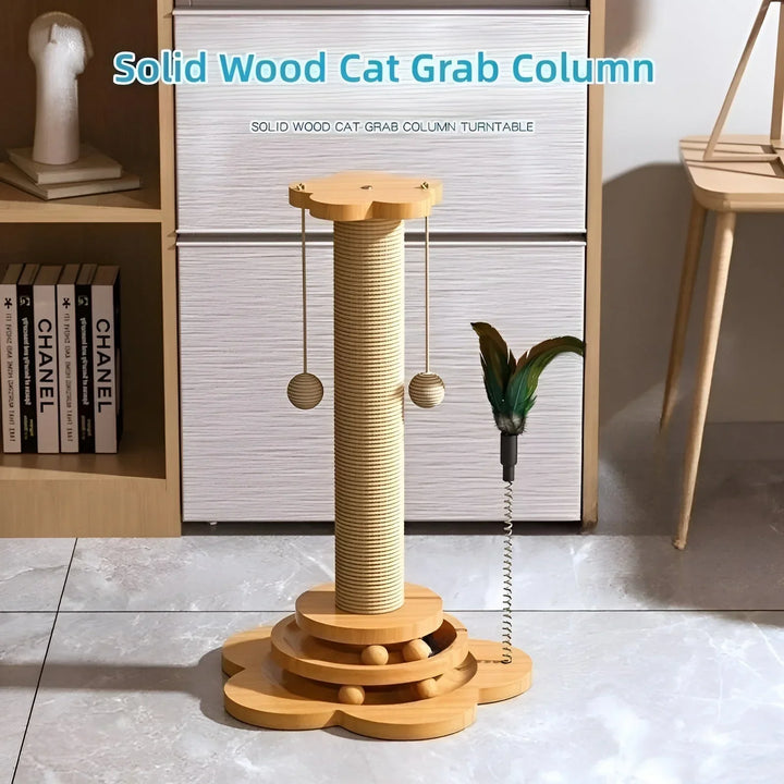 Protective durable wooden cat scratcher post, an interactive pet accessory for feline exercise & play.