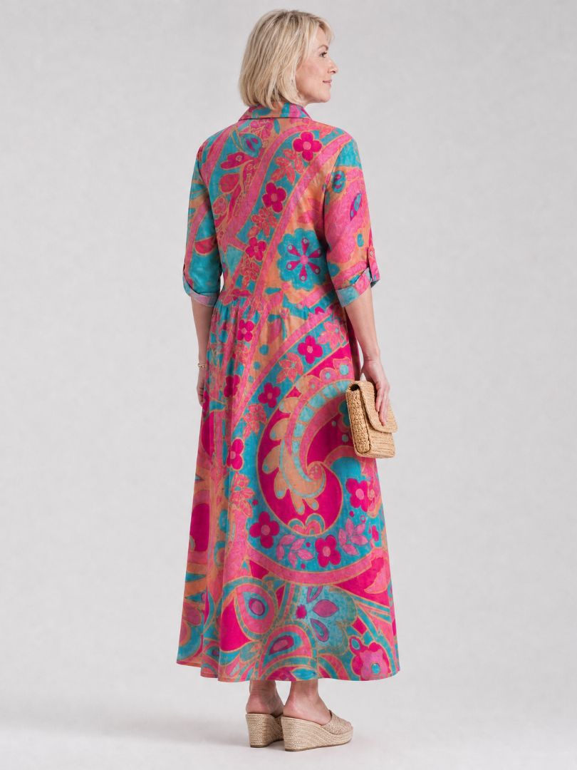 Casual women's Klera printed button-front midi dress, collared for a chic look. Great for travel & summer fashion.