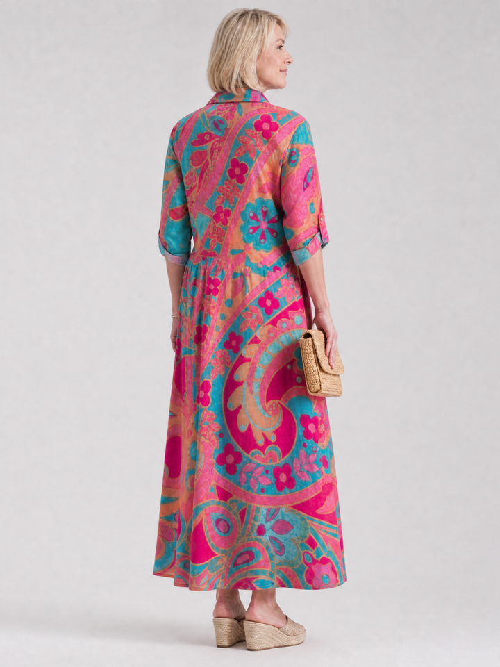 Casual women's Klera printed button-front midi dress, collared for a chic look. Great for travel & summer fashion.