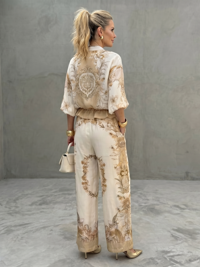 Flowy satin effect floral two-piece set for women, featuring a relaxed fit and wide-leg pants for elegant comfort.