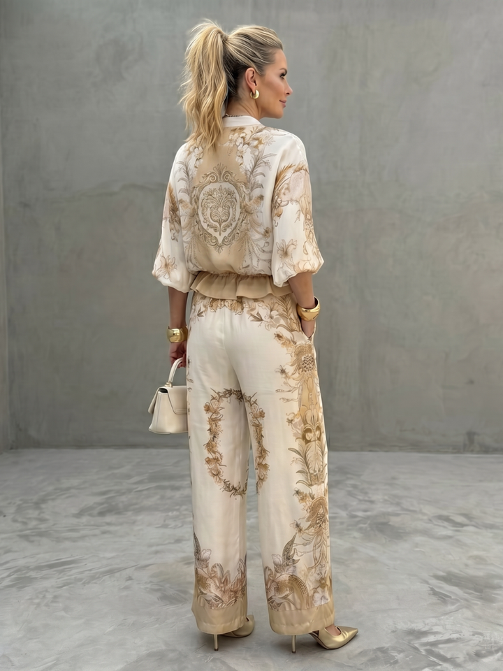 Flowy satin effect floral two-piece set for women, featuring a relaxed fit and wide-leg pants for elegant comfort.