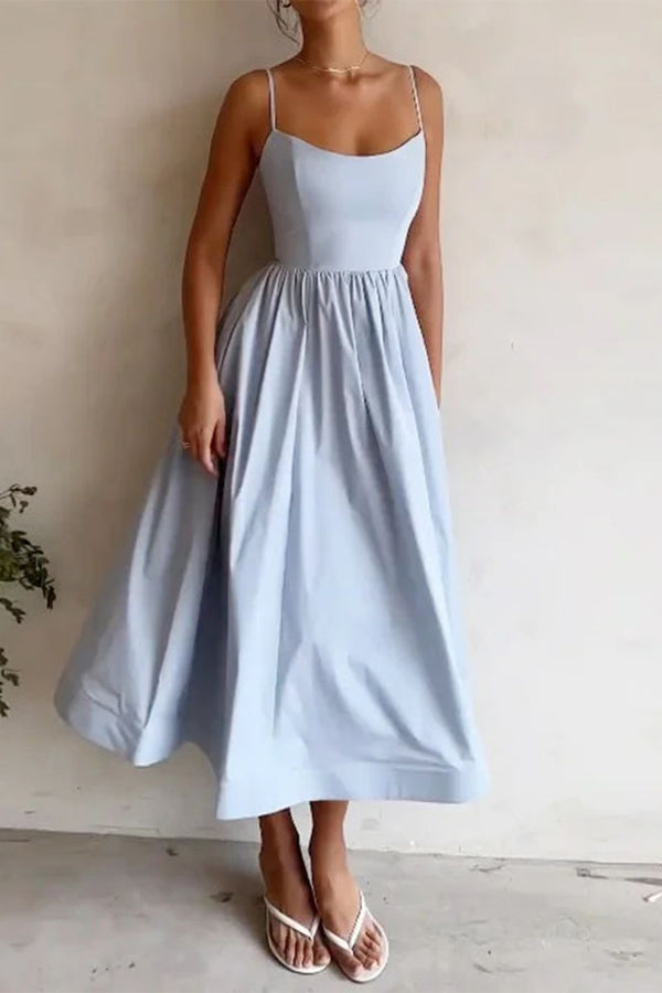 Beautiful Blue U-Neck Midi Evening Dress for women. Elegant & flowy with a flared skirt, perfect for cocktail parties.