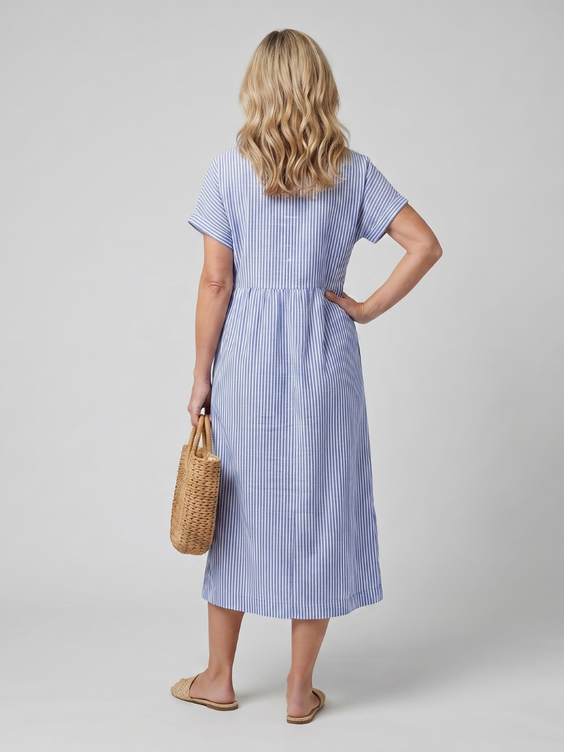 Casual women's striped midi dress, short sleeves, full button-front, and a comfortable relaxed fit.