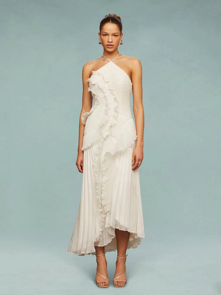 Beautifully pleated sleeveless maxi dress with a stylish asymmetric hem for elegant events.