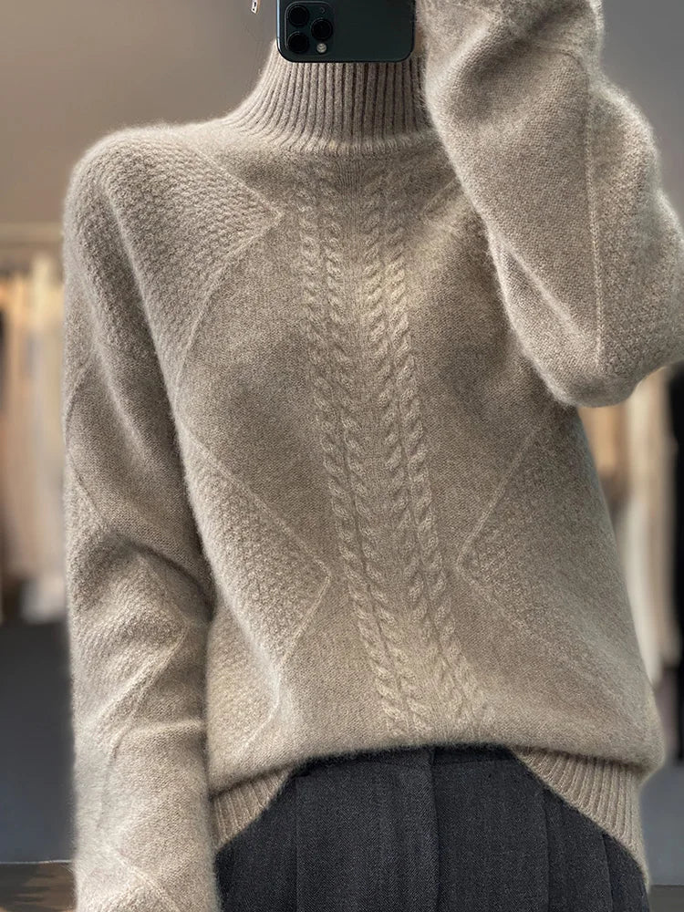 Beige women's cashmere roll neck jumper, detailed cable knit, perfect for stylish winter warmth.