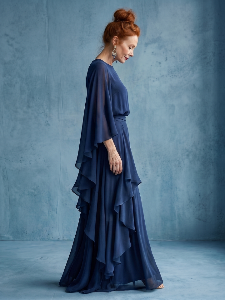Women's A-line midi dress with elegant layered sleeves and a fluid drape waist. Sophisticated and comfortable navy design.