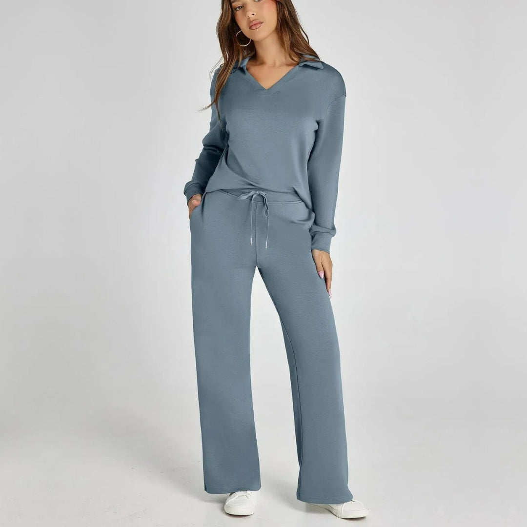 Women's V-neck long sleeve loungewear set with wide leg trousers. Comfortable two-piece fashion set.