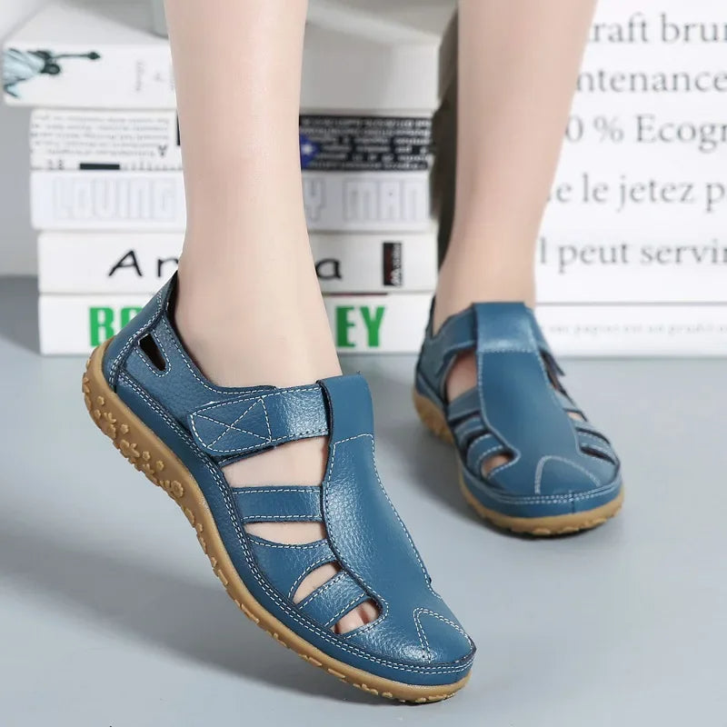 Comfortable women's walking sandals, brown leather, adjustable velcro closure for all-day support & fit.