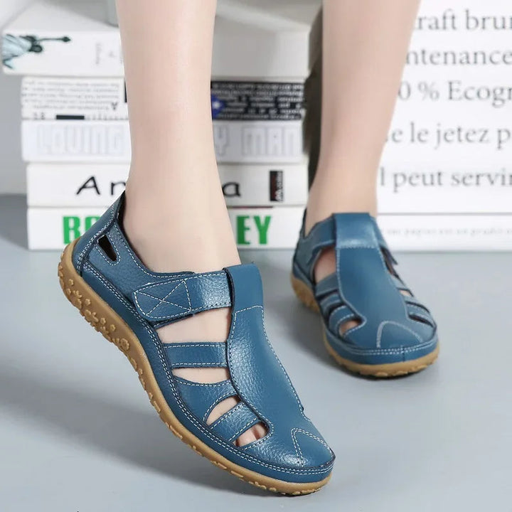 Comfortable women's walking sandals, brown leather, adjustable velcro closure for all-day support & fit.