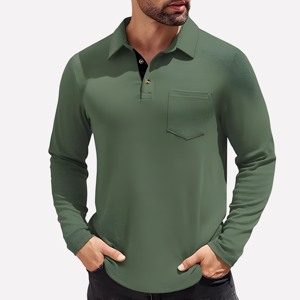 Comfortable men's long sleeve polo shirt featuring a stylish chest pocket and relaxed fit.