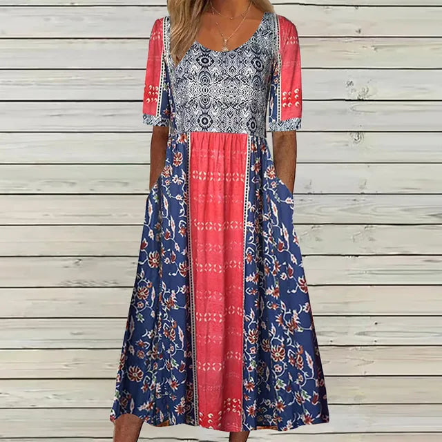 Comfortable women's effortless boho midi dress with short sleeves, featuring a relaxed, flowy fit for everyday wear.