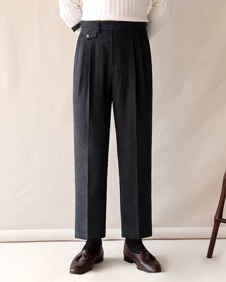 Men's black pleated trousers with adjustable waist, straight fit. Ideal for smart casual & professional wear.