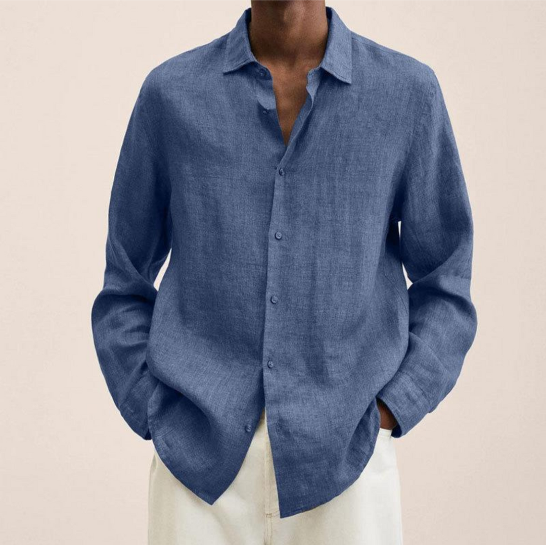 Back view of a men's versatile long-sleeve button-up shirt, emphasizing its elegant and clean design.