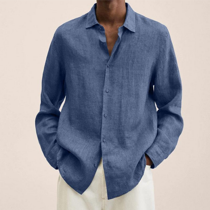 Back view of a men's versatile long-sleeve button-up shirt, emphasizing its elegant and clean design.