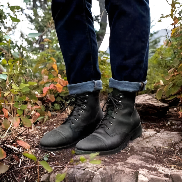 Durable men's vintage biker boots. Tan leather, classic lace-up design, perfect for rugged outdoor & casual style.