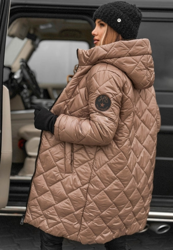 Women's diamond stitch quilted hooded jacket, ideal for stylish fall & winter outerwear.