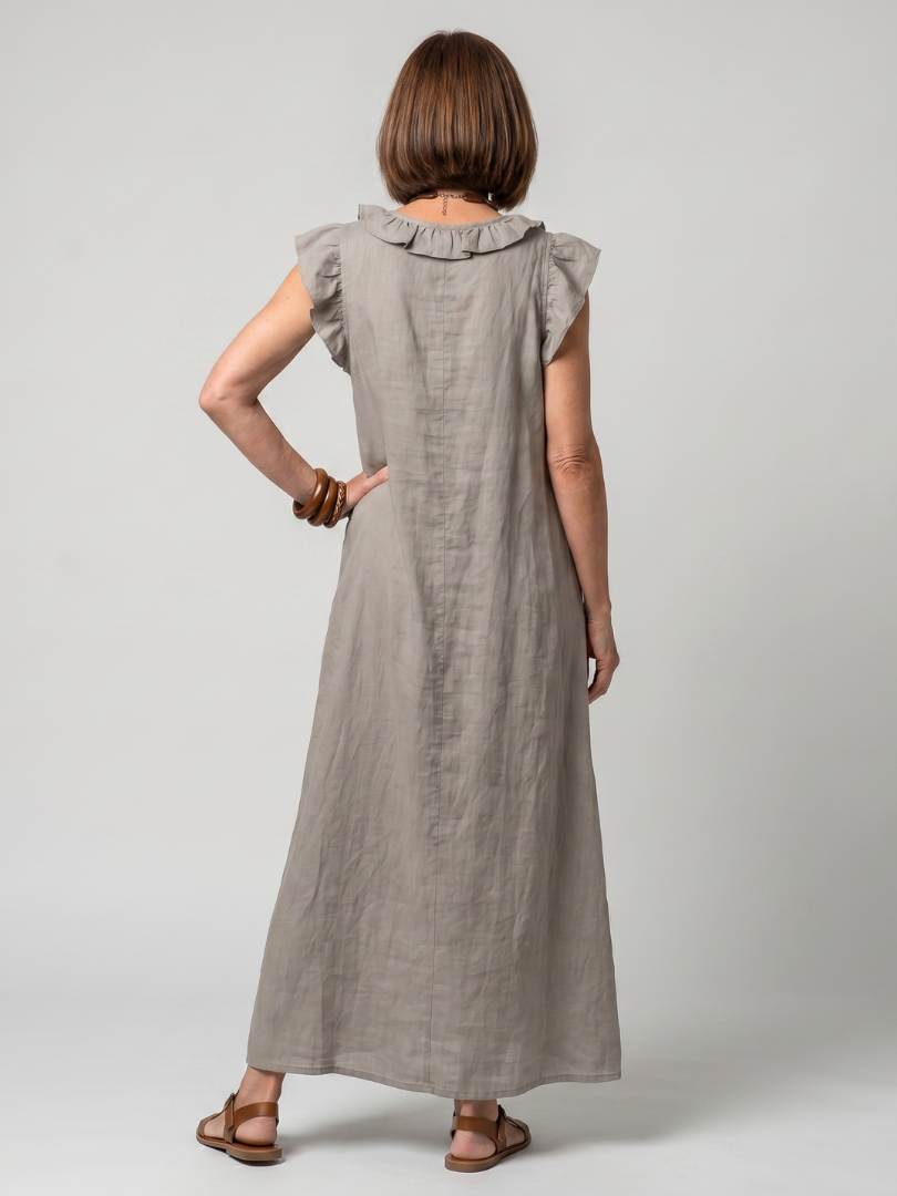 V-neck sleeveless midi dress for women, features delicate ruffle trim and practical pockets.