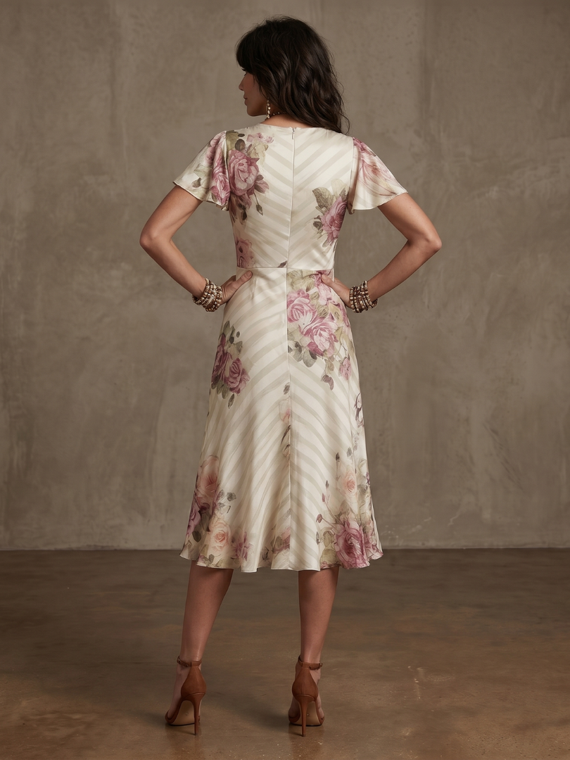 Stylish women's floral wrap midi dress with ruched accents, offering an elegant and versatile look.