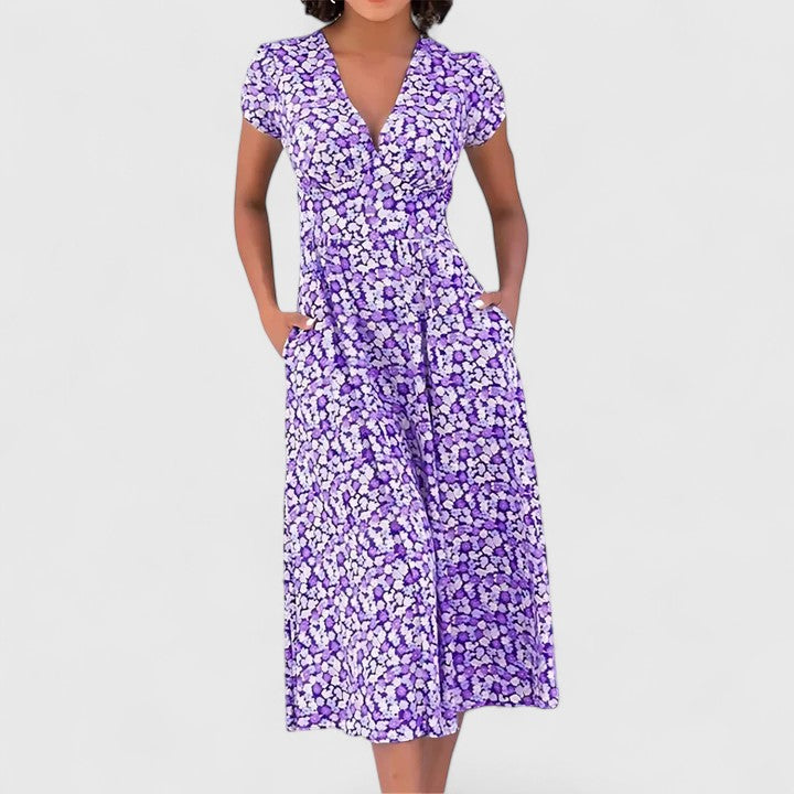 Comfortable women's summer midi dress featuring a heart neckline & flowy design for a stylish, casual look.