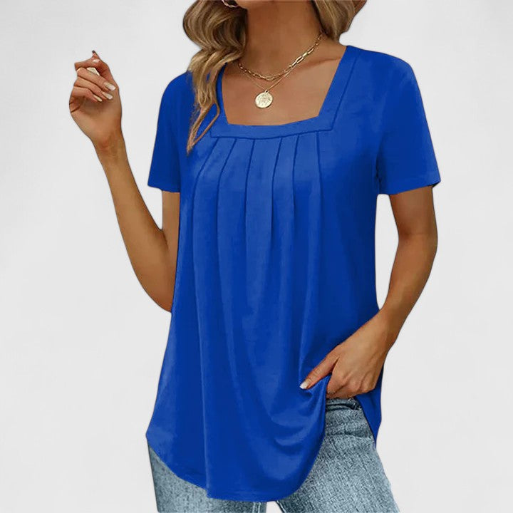 Black elegant women's blouse, square neck, short sleeve. Versatile summer top for chic style.