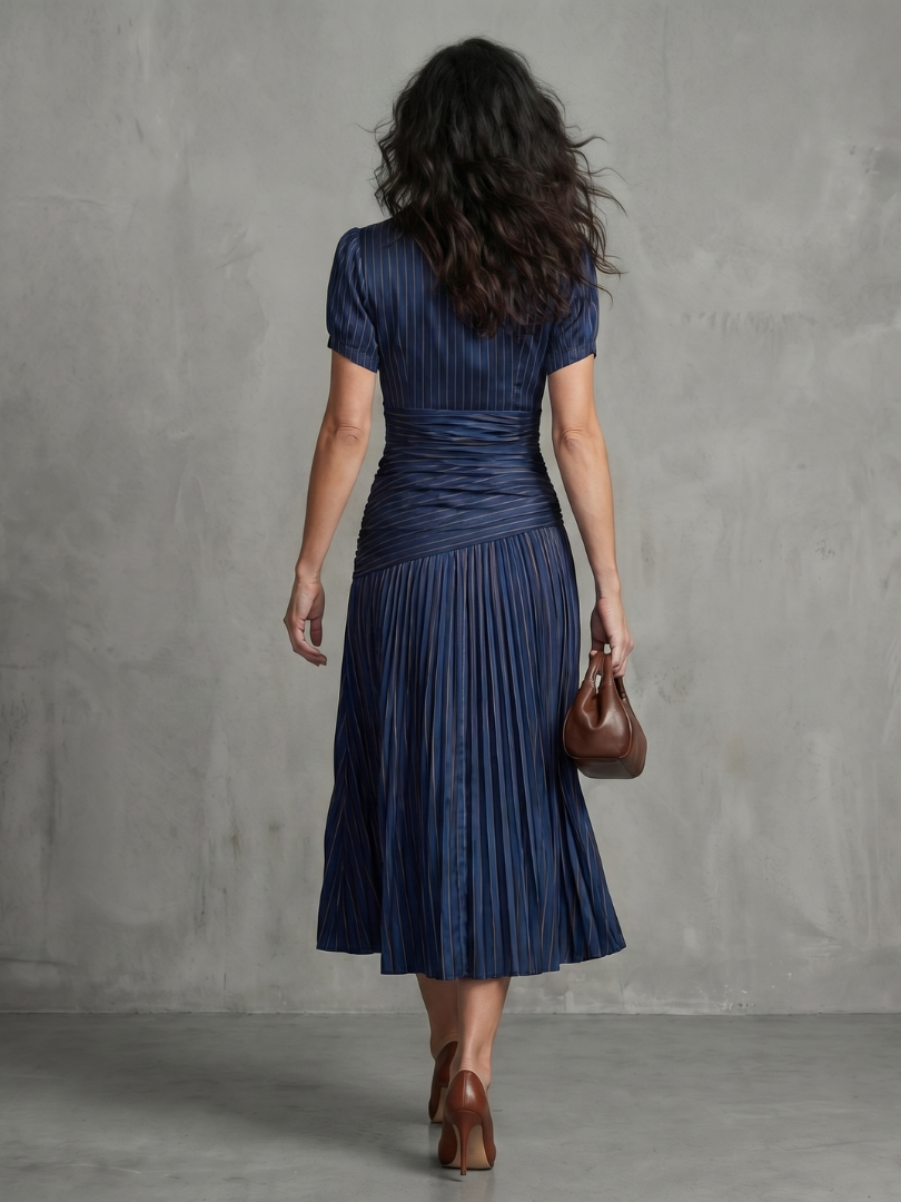 Elegant striped day dress for women, a sophisticated comfort fit midi.